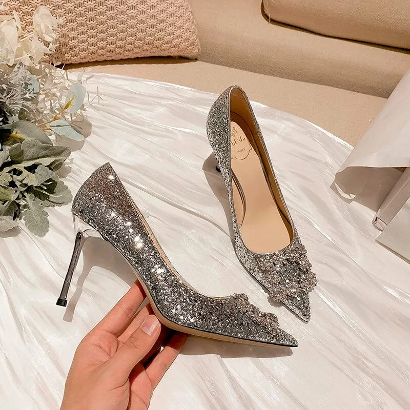 Amozae  2022 Spring and Autumn New Fashion Simple Sequins 8CM Ladies High Heels Banquet Party Buckle Party Rhinestone Wedding Shoes