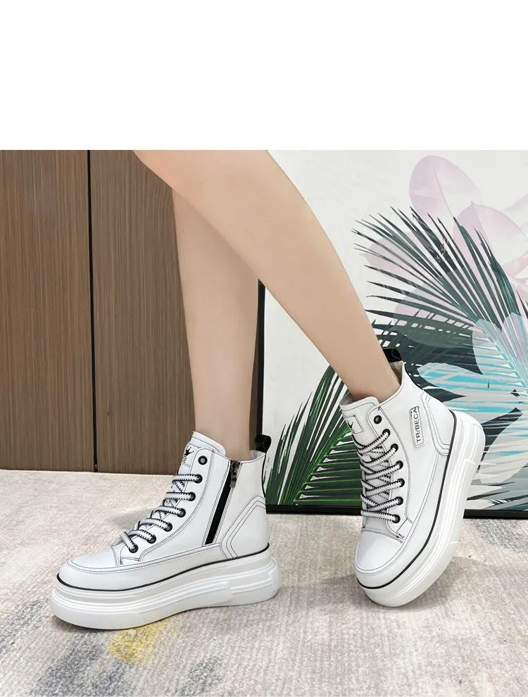 Amozae  7Cm Platform Wedge Sneakers Hidden Heel High Top Genuine Leather Women Casual Shoes Sneakers Za Fashion Casual Boots White