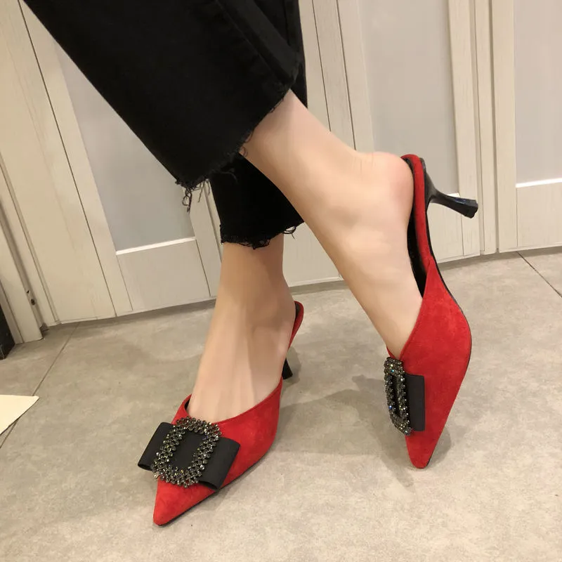 Amozae-Graduation Gift Big Sale Autumn 2024 Baotou Half Drag Shoes Women Stiletto Heels Korean All-match Pumps Square Rhinestone Pointed High Heels Mules Shoes