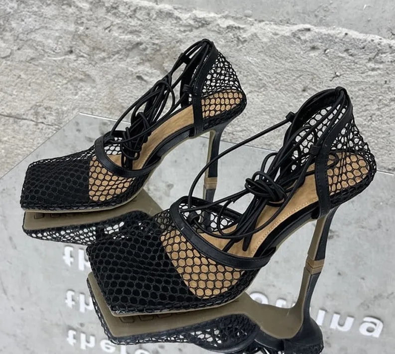 Amozae New   Yellow Mesh Pumps Sandals Female Square Toe high heel Lace Up Cross-tied Stiletto hollow Dress shoes