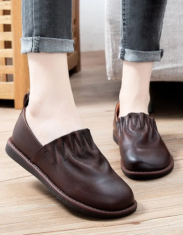 Autumn Comfort Round Head Pleated Leather Flats