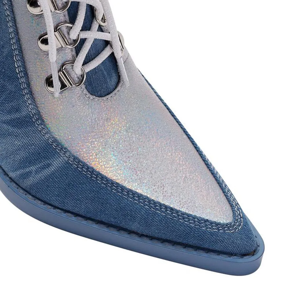 Autumn Fashion Denim Lace Up Chelsea Boots Pointed Toe Thick High Heels Platform Riveted Mixed Color Women's Shoes Big Size