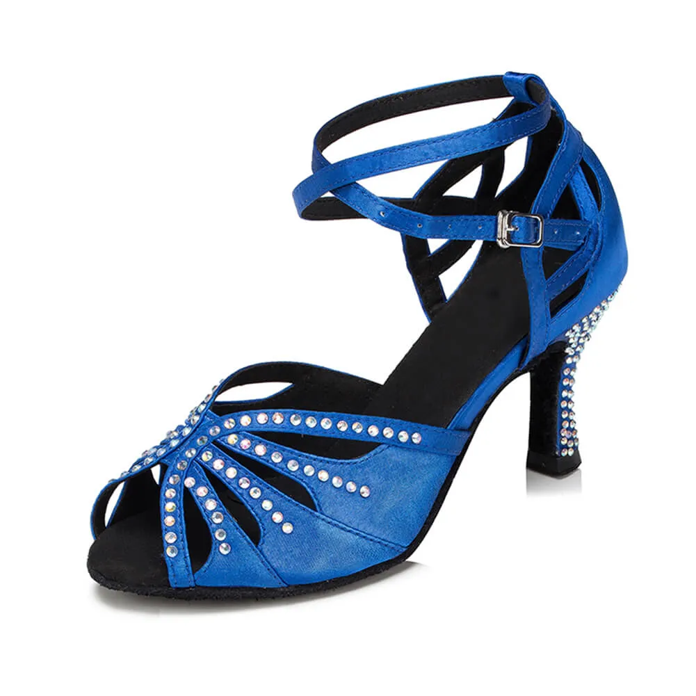 Blue Satin Diamante Ballroom Dance Shoes Latin Salsa Dancing Shoes