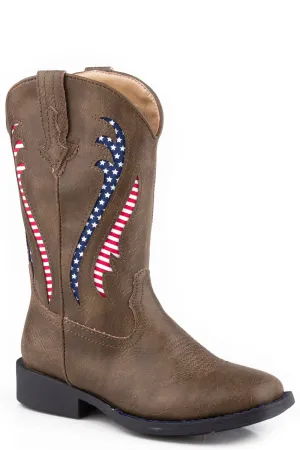 Boys Roper Brown Faux Leather Square Toe Boot w/ Flag Underlay