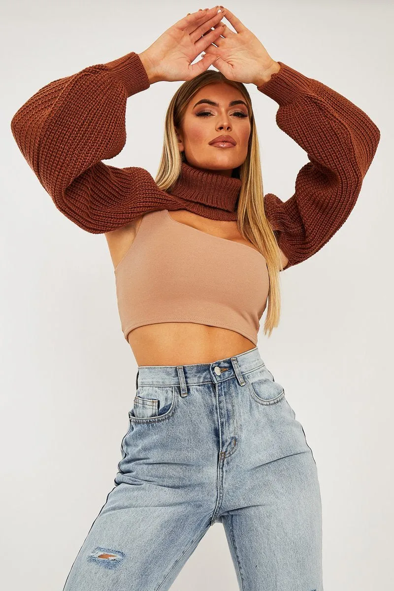 Brown Extreme Cut Out High Neck Jumper - Nihara