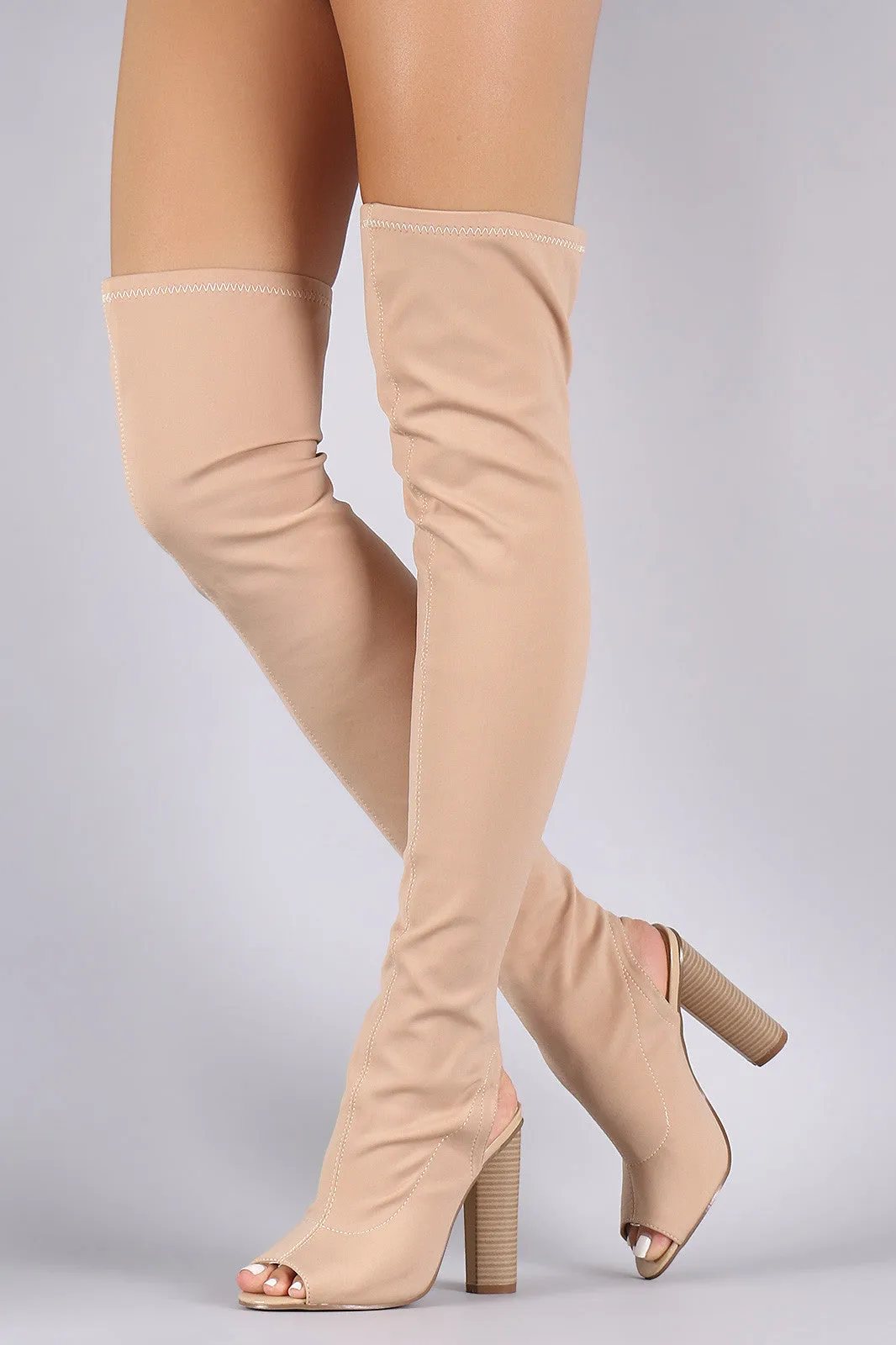 Fitted Elastane Over-The-Knee Chunky Heeled Boots