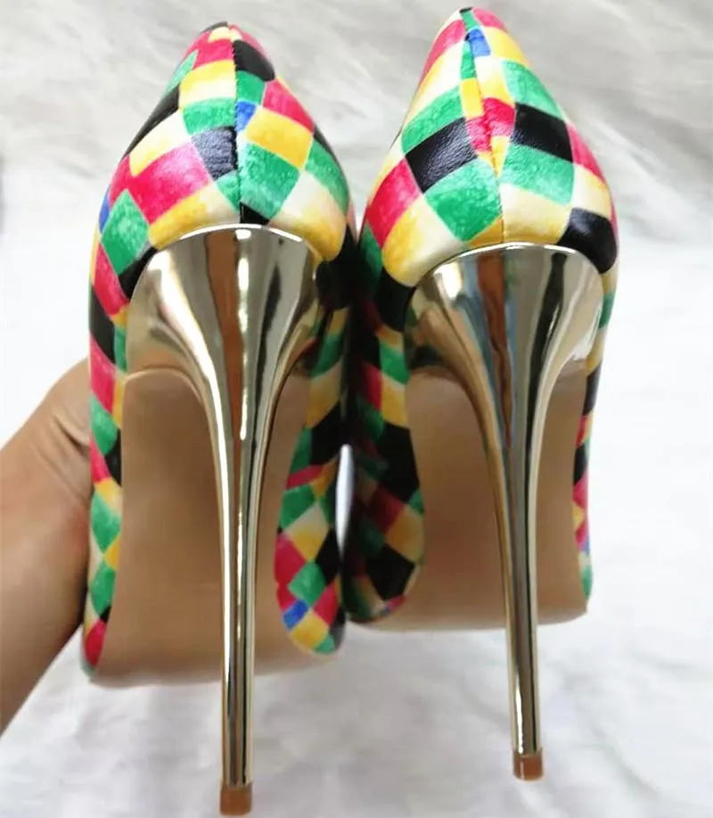 High-heels with colorful plaid pattern, Fashion Evening Party Shoes, yy17