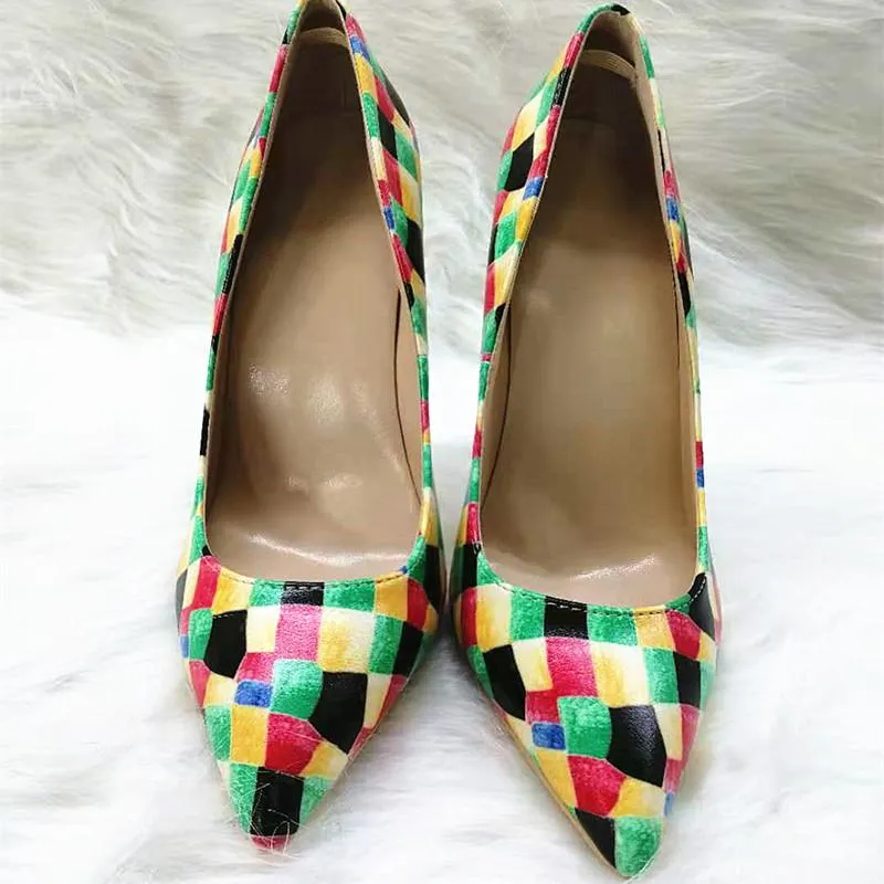 High-heels with colorful plaid pattern, Fashion Evening Party Shoes, yy17