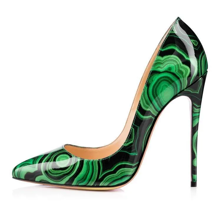 High-heels with green-and-black pattern, Fashion Evening Party Shoes, yy24