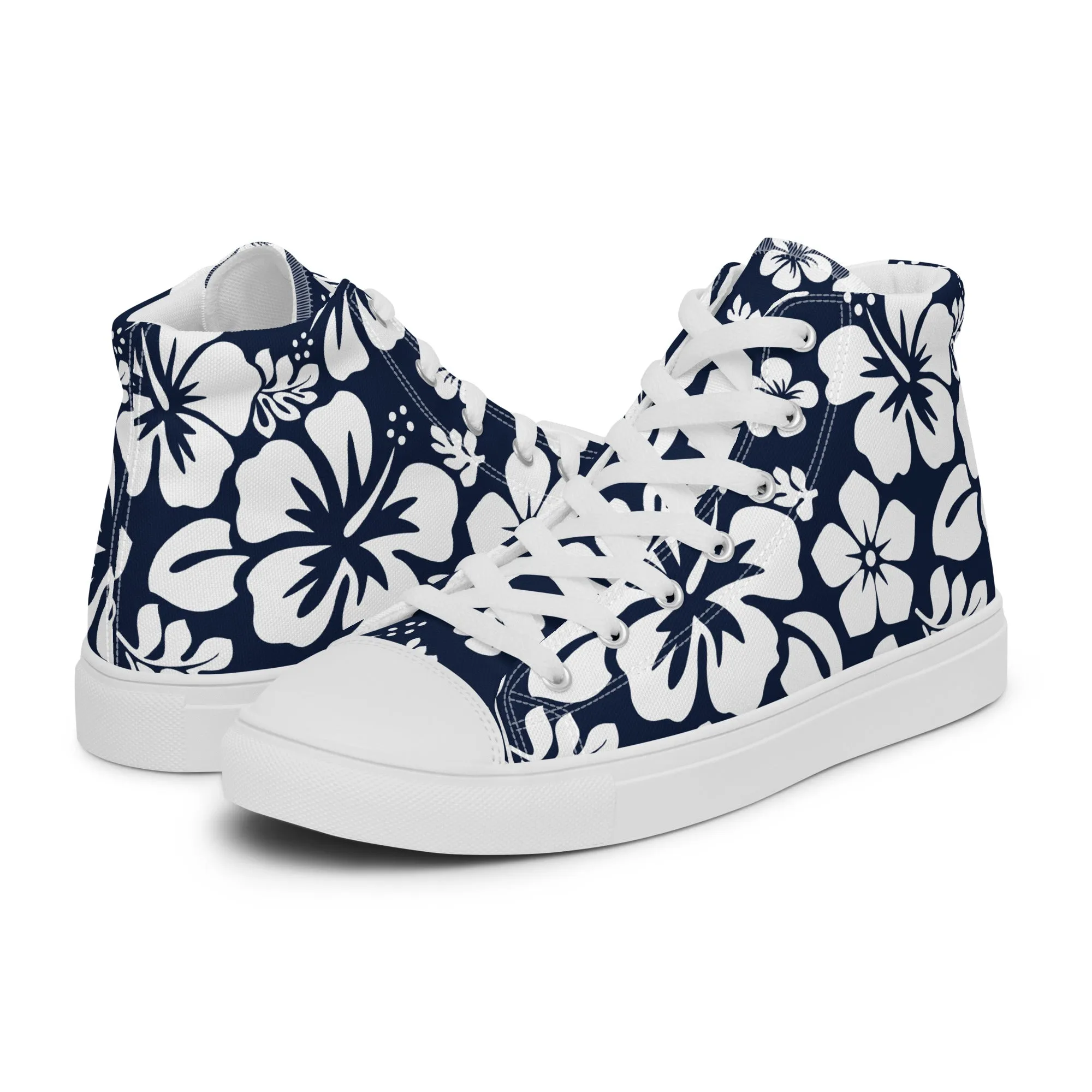 Men’s Navy Blue and White Hawaiian Print High Top Shoes