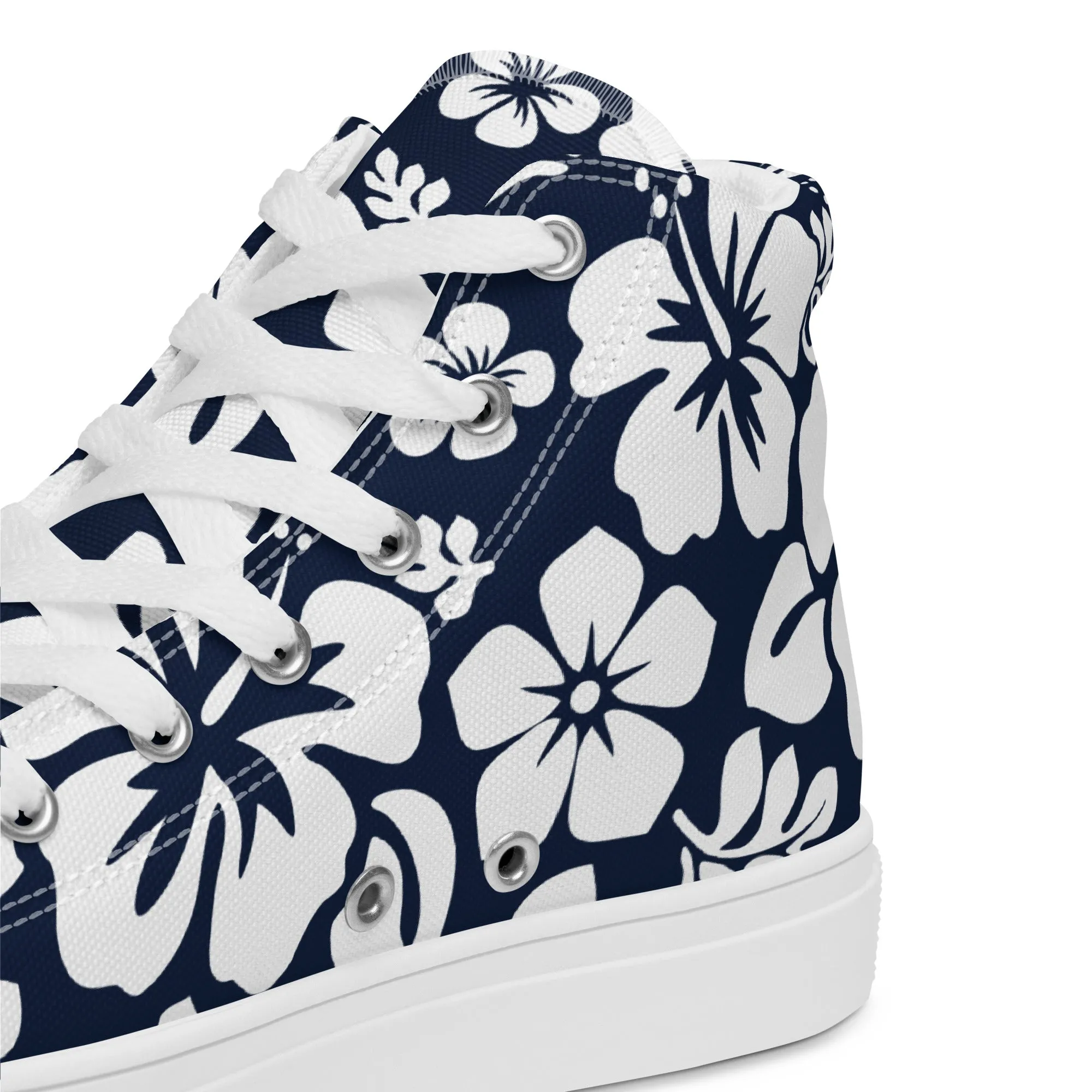 Men’s Navy Blue and White Hawaiian Print High Top Shoes