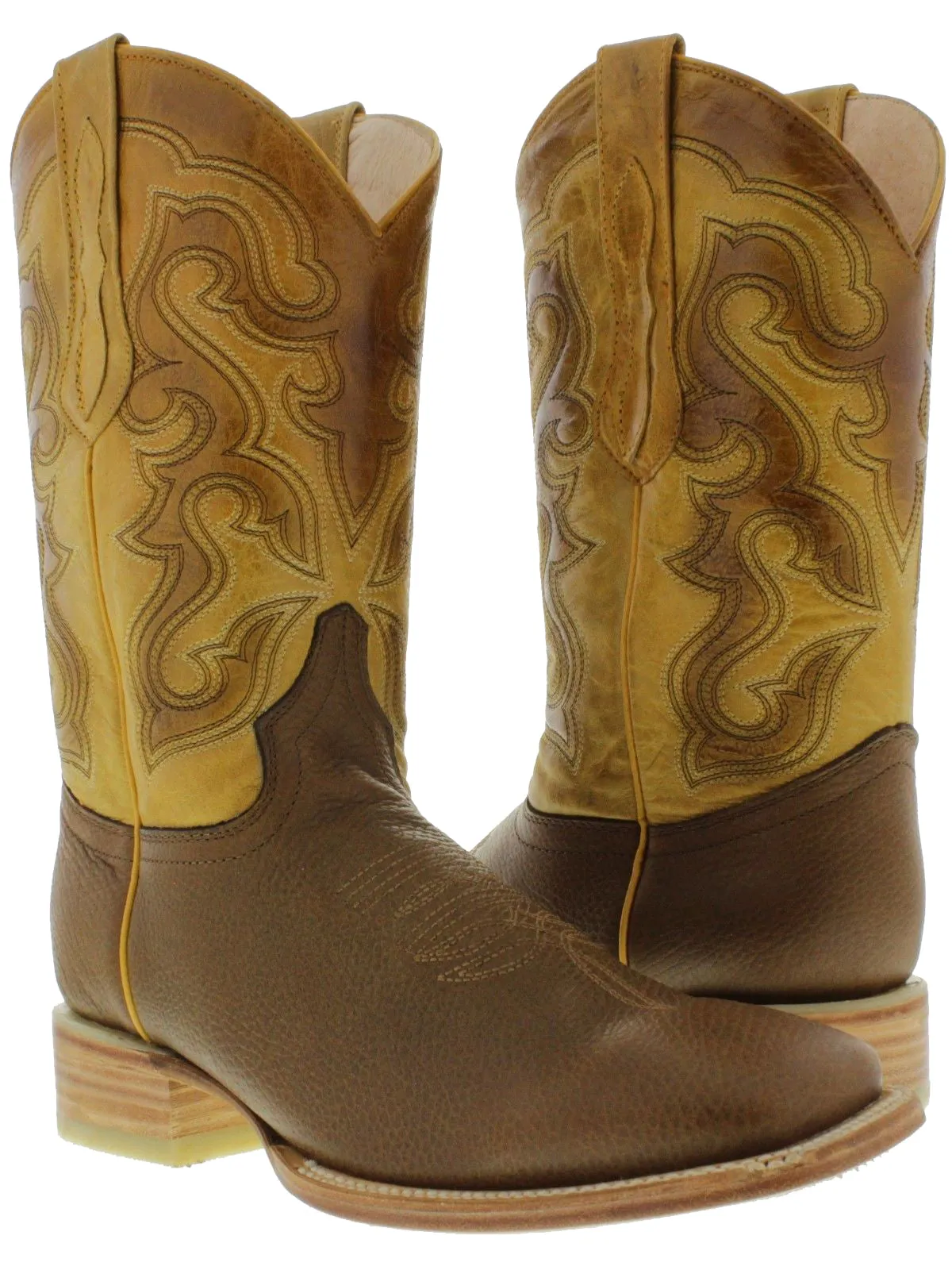 Mens Western Wear Honey Brown Leather Cowboy Boots Rodeo Broad Square Toe