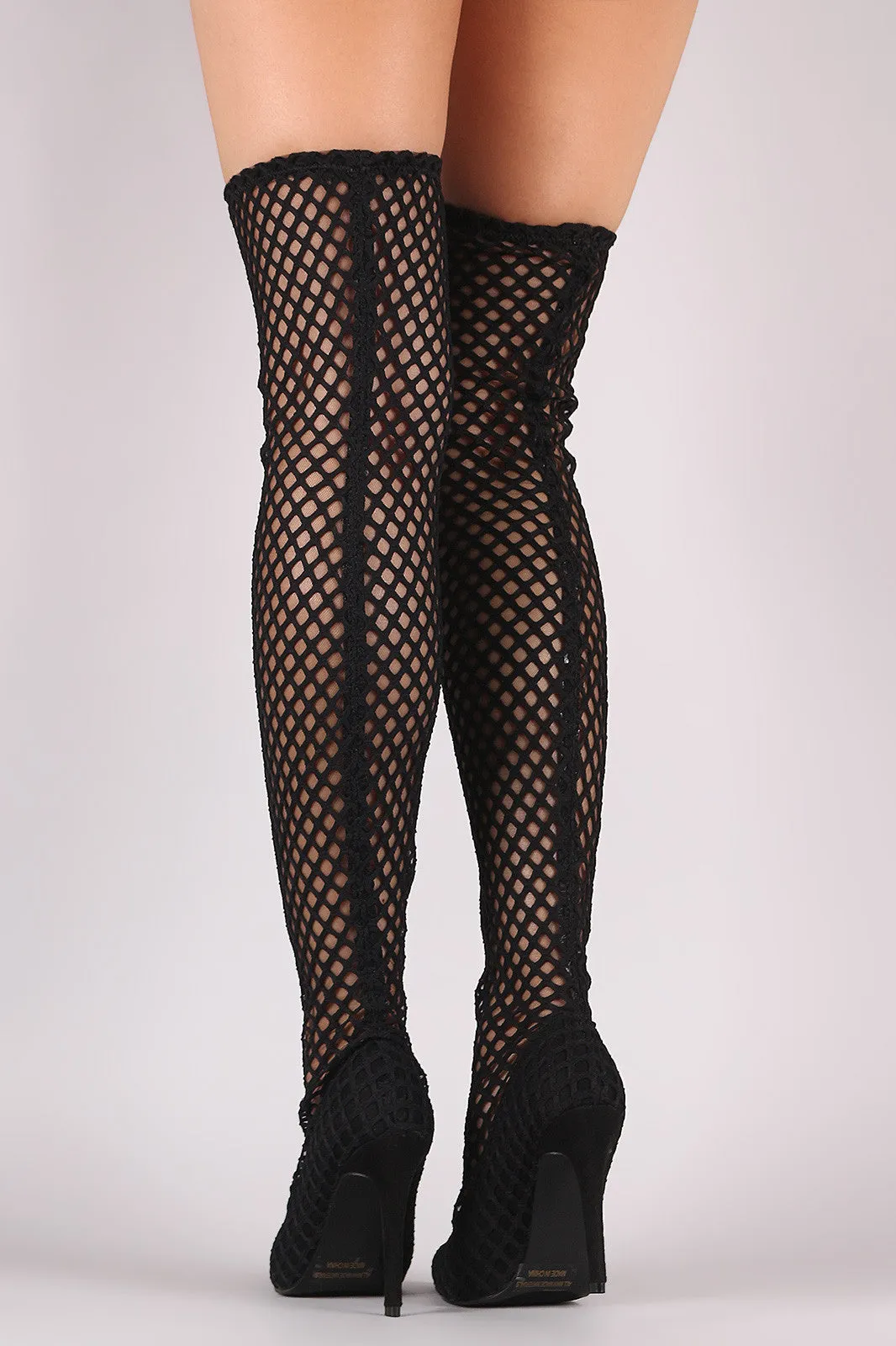 Netted Mesh Pointy Toe Stiletto Over-The-Knee Boots