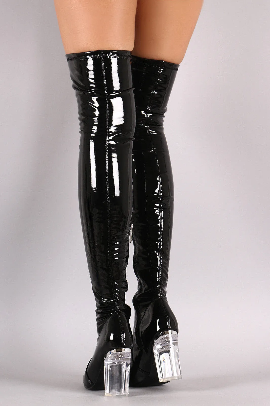 Patent Leather Chunky Lucite Heeled Over-The-Knee Boots