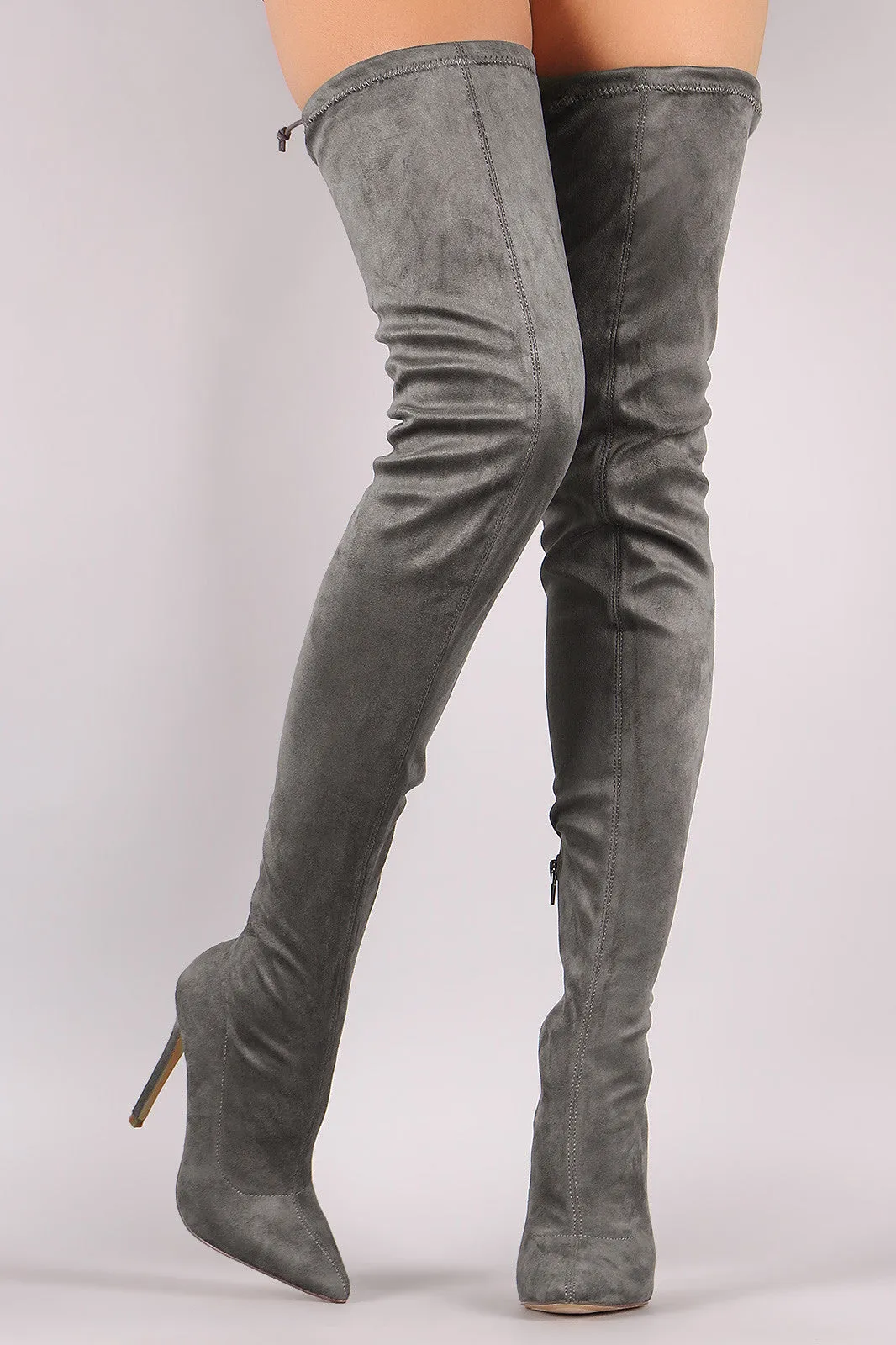 Pointy Toe Drawstring Tie Stiletto Suede Over-The-Knee Boots