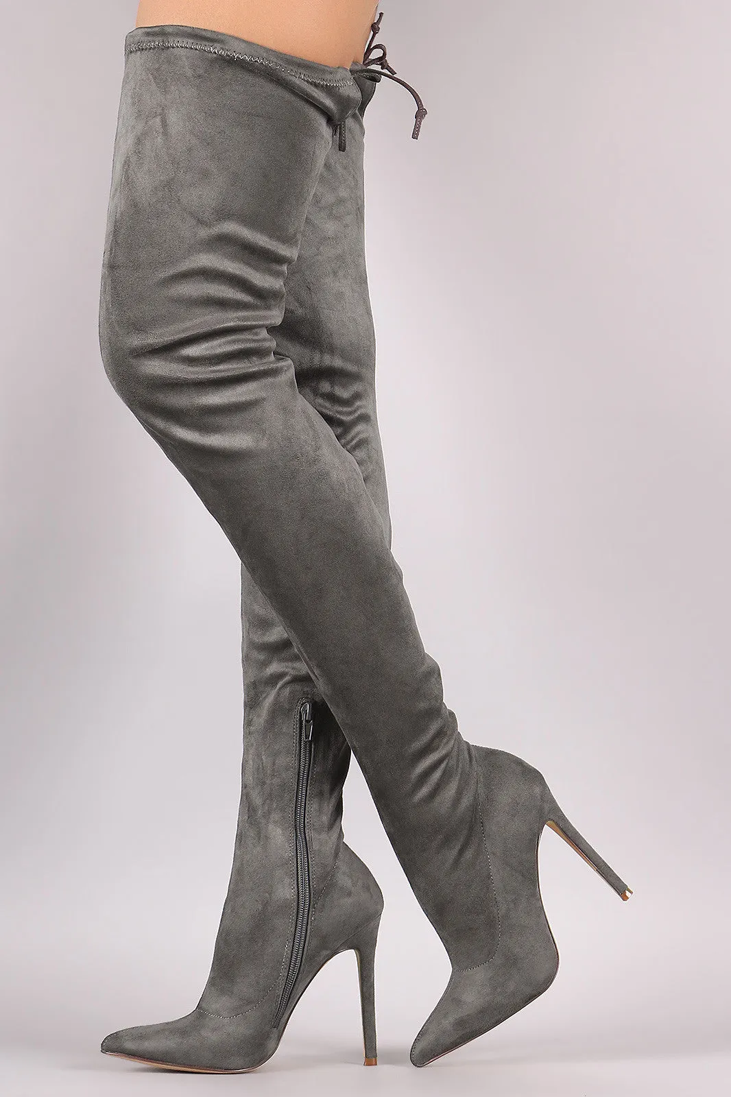 Pointy Toe Drawstring Tie Stiletto Suede Over-The-Knee Boots