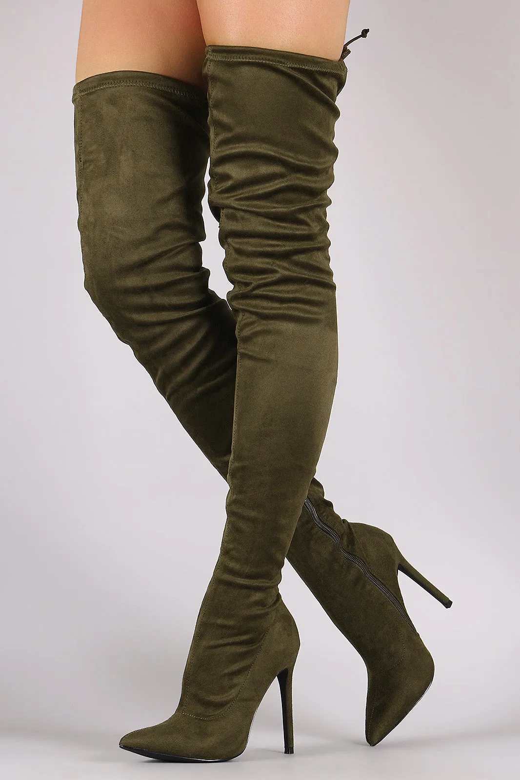 Pointy Toe Drawstring Tie Stiletto Suede Over-The-Knee Boots