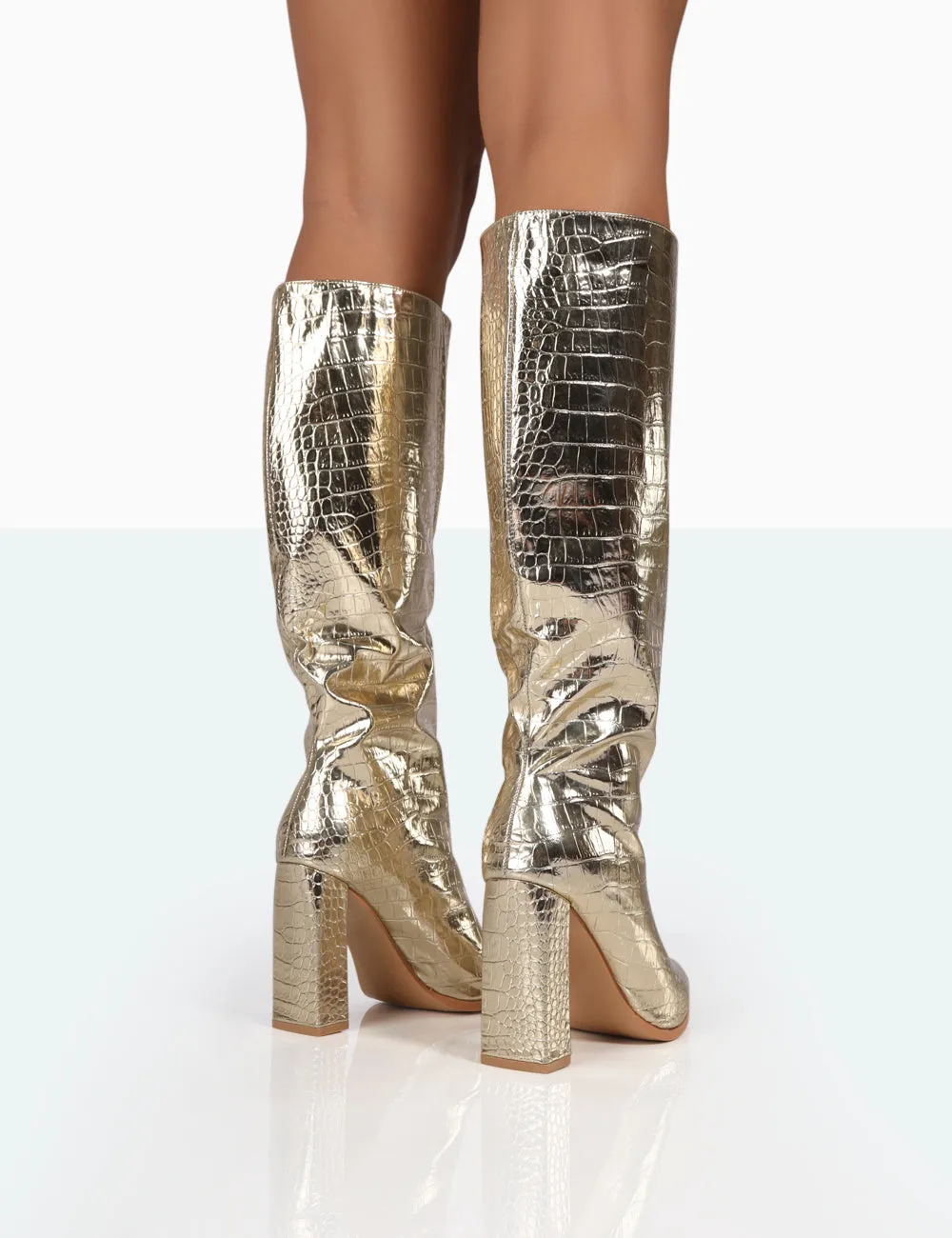 Posie Gold Croc Pu Knee High Block Heel Boots