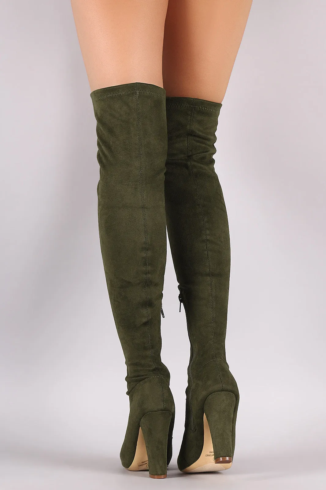 Suede Lace Up Almond Toe Chunky Heeled Over-The-Knee Boots