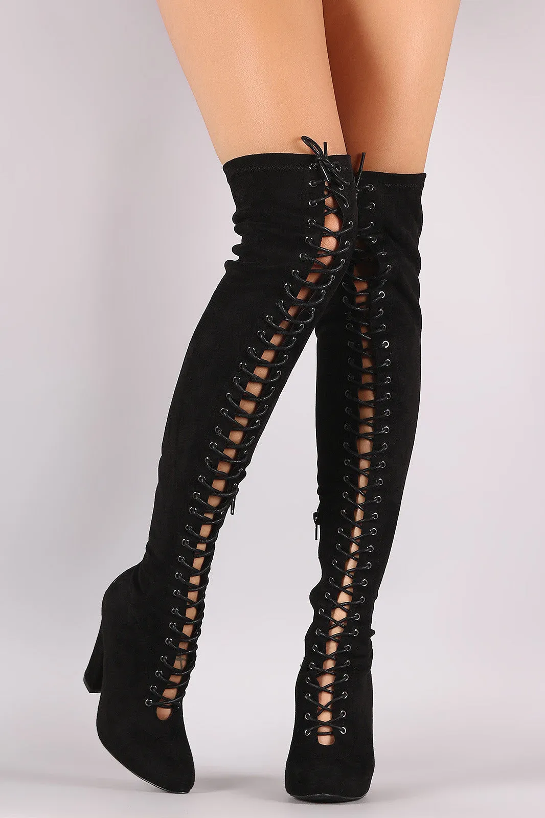 Suede Lace Up Almond Toe Chunky Heeled Over-The-Knee Boots