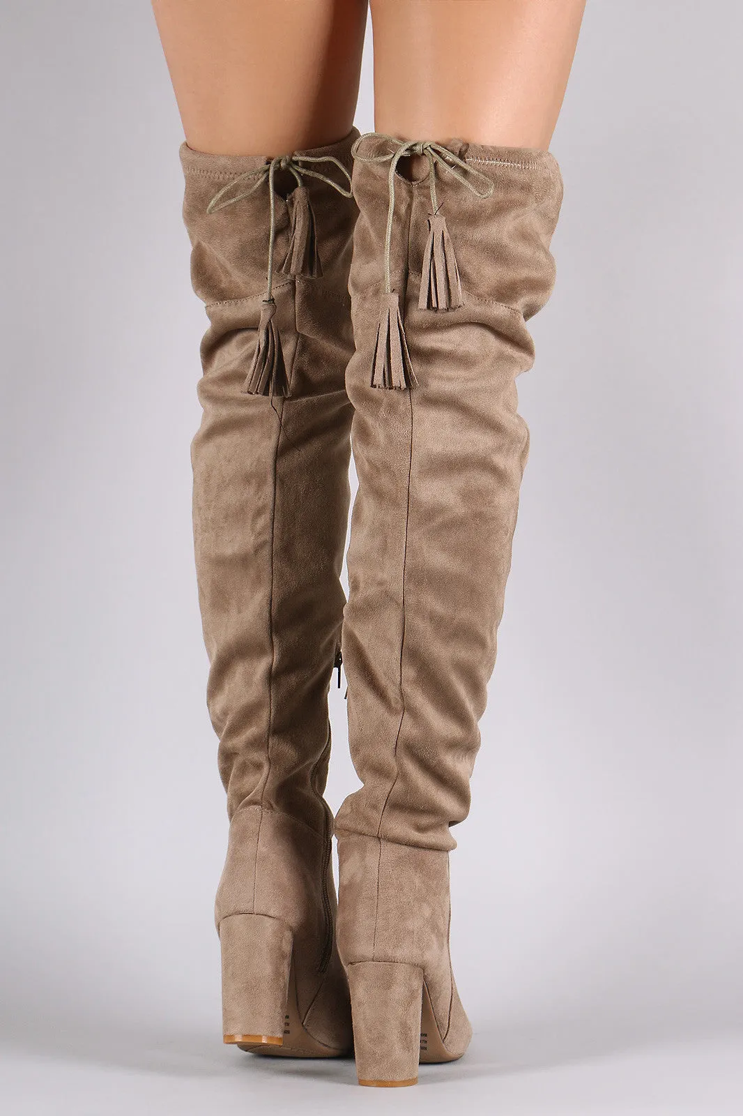 Suede Tassel Drawstring Chunky Heeled Over-The-Knee Boots