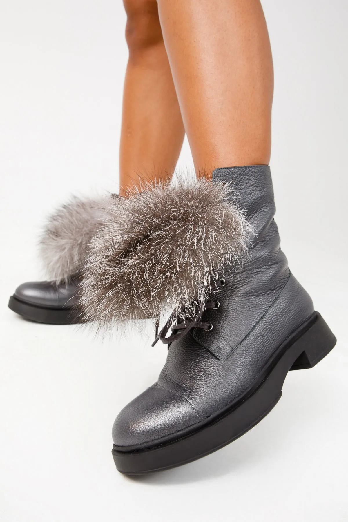 The Kajapati Grey Leather Natural Fur Mid Calf Women Boot