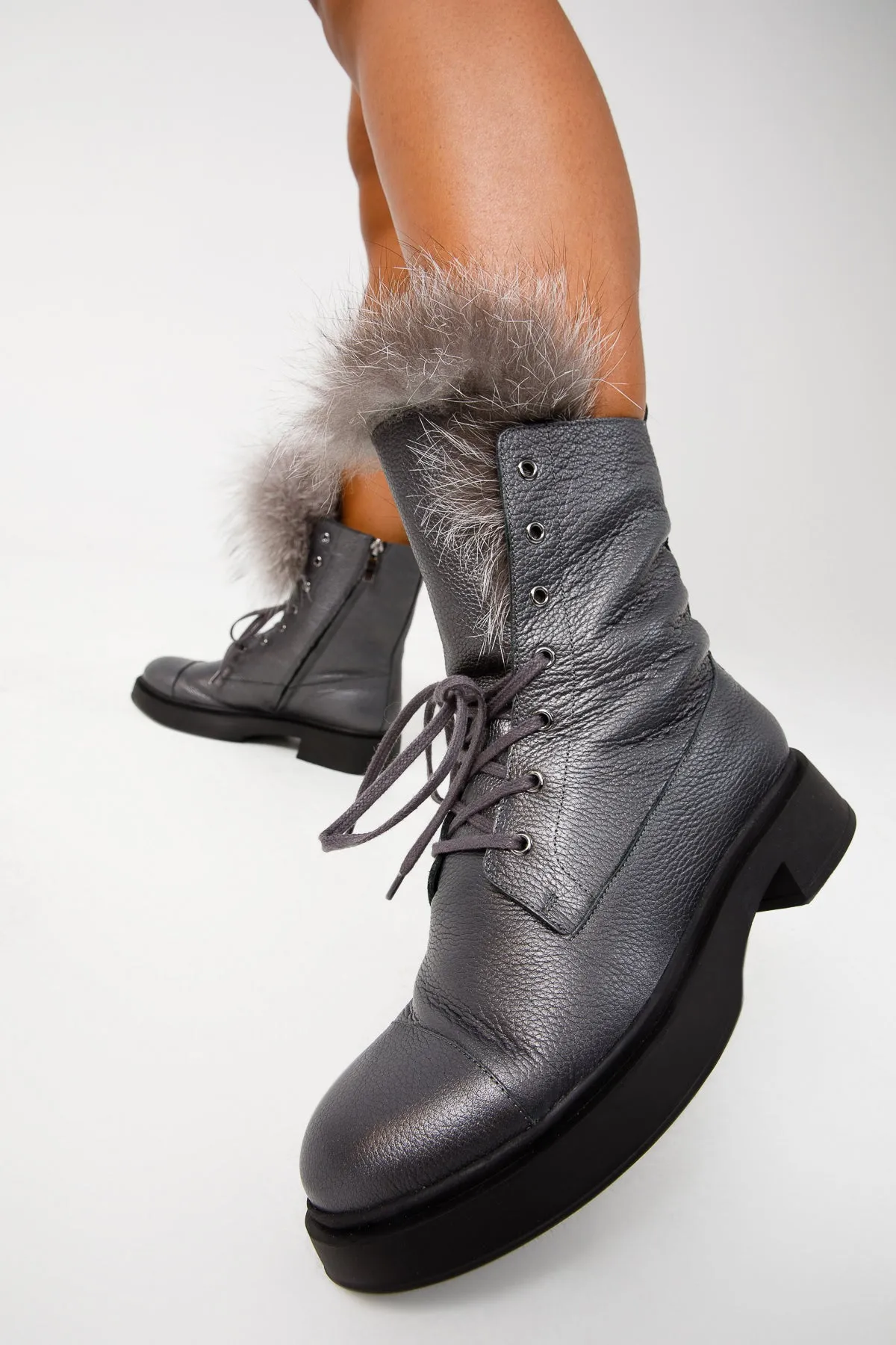 The Kajapati Grey Leather Natural Fur Mid Calf Women Boot