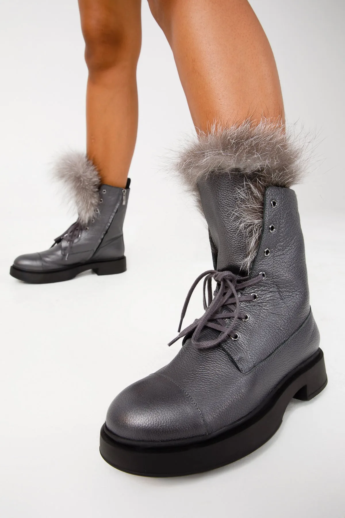 The Kajapati Grey Leather Natural Fur Mid Calf Women Boot