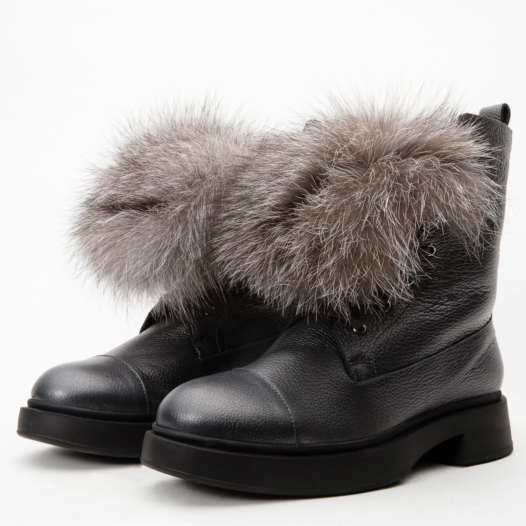 The Kajapati Grey Leather Natural Fur Mid Calf Women Boot