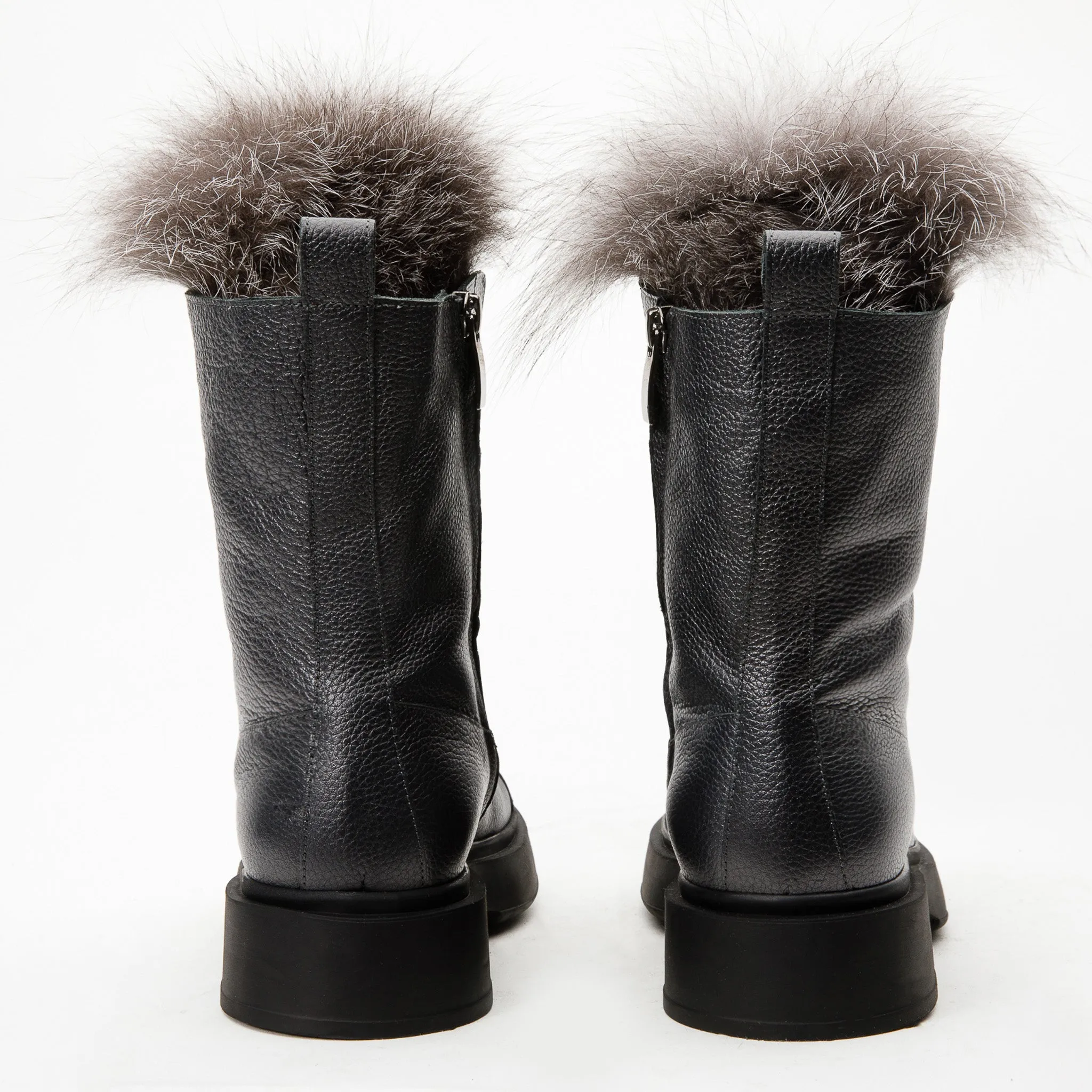 The Kajapati Grey Leather Natural Fur Mid Calf Women Boot