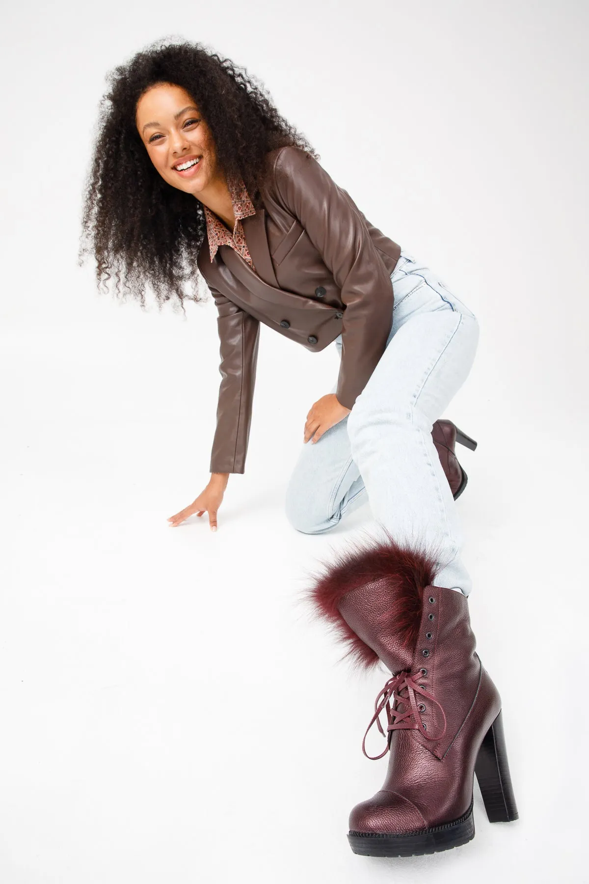 The Melo Burgundy Leather Natural Mid Calf Platform Heel Women Boot