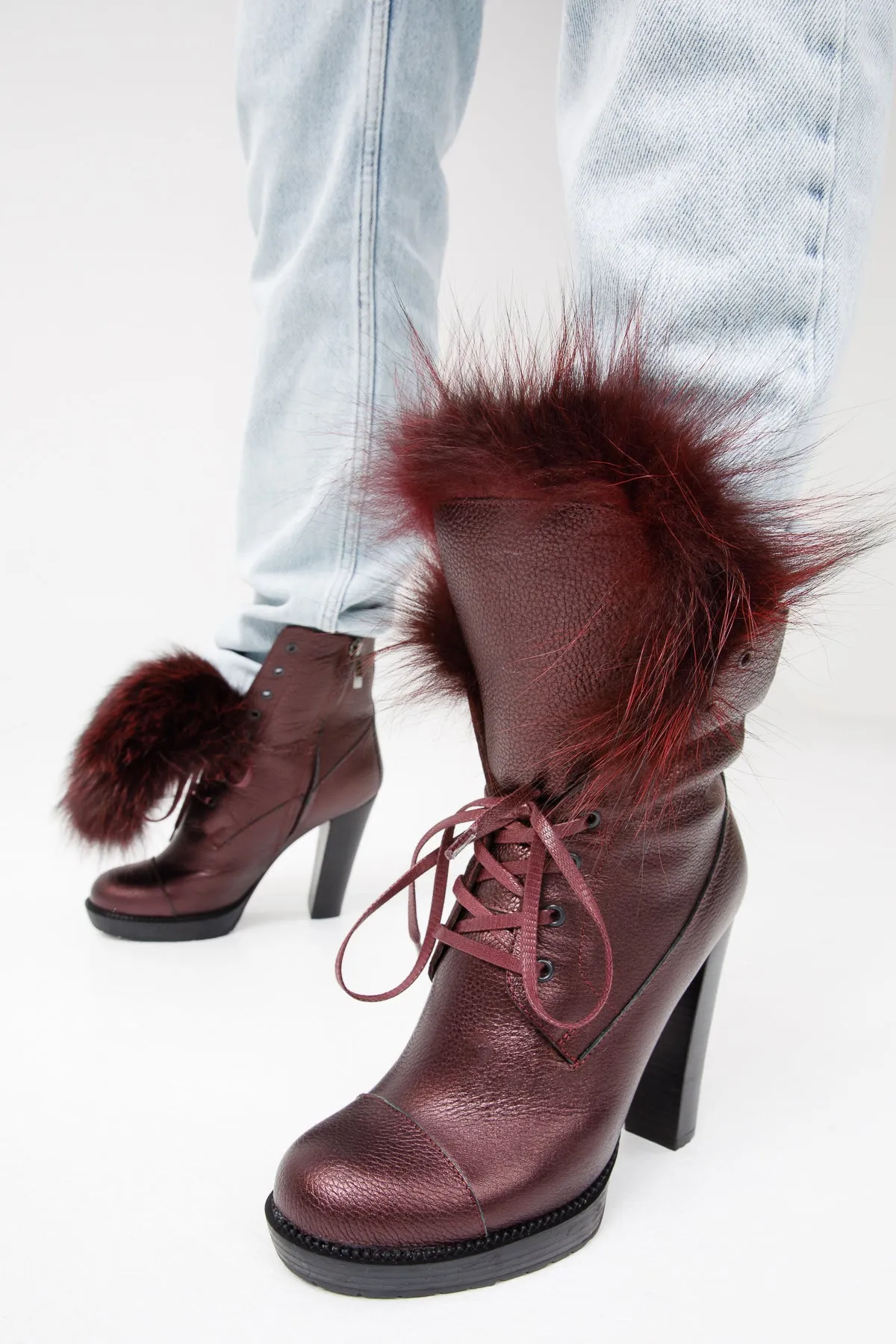 The Melo Burgundy Leather Natural Mid Calf Platform Heel Women Boot