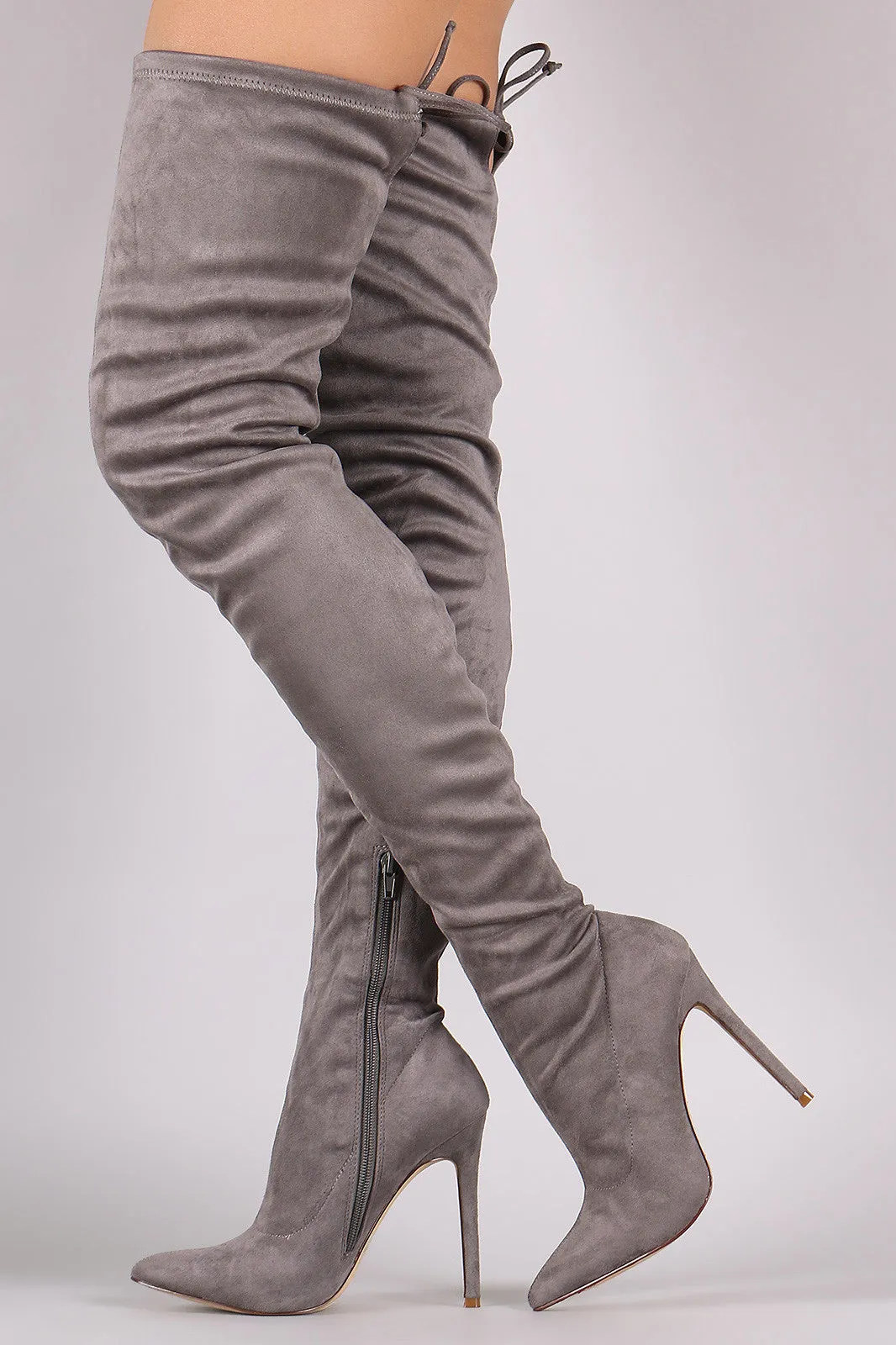 Unique - Drawstring Tie Stiletto Suede Over-The-Knee Boots