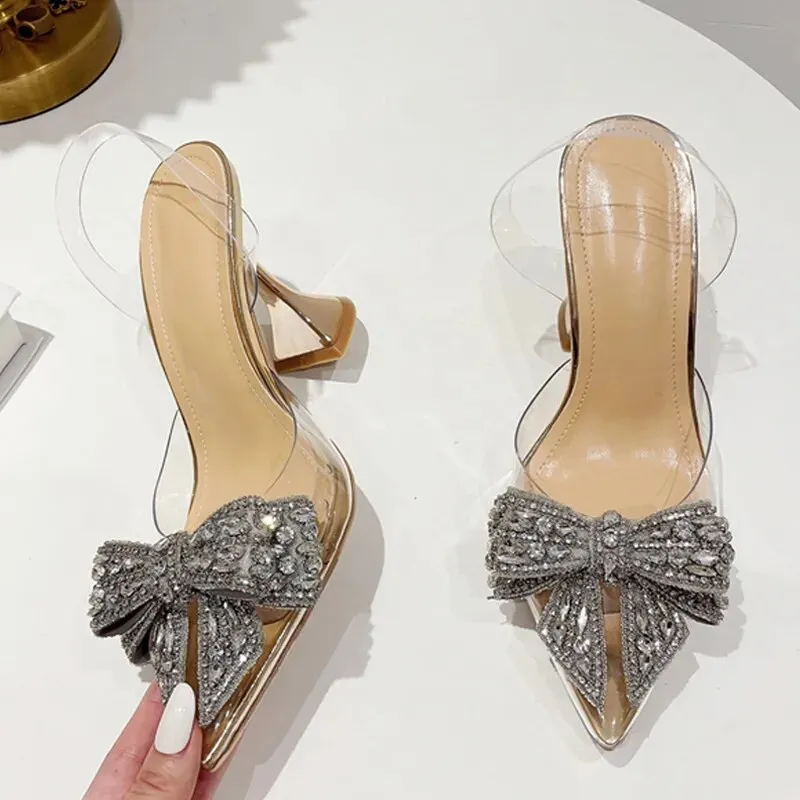 Women Fashion Crystal Sequined Bowknot Women Pumps Sexy Pointed Toe High Heels - WSHP50070