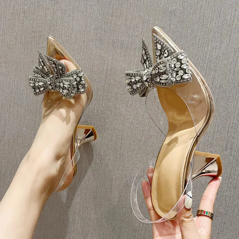 Women Fashion Crystal Sequined Bowknot Women Pumps Sexy Pointed Toe High Heels - WSHP50070