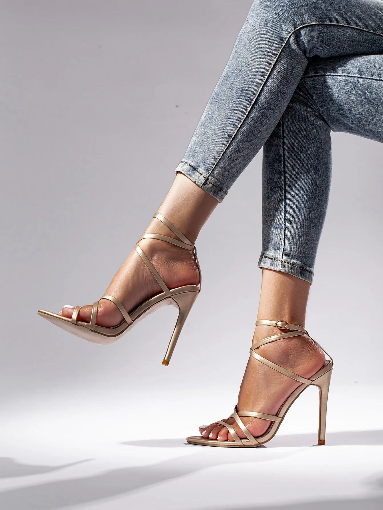 Women Metallic Stiletto Heeled Ankle Strap Sandals