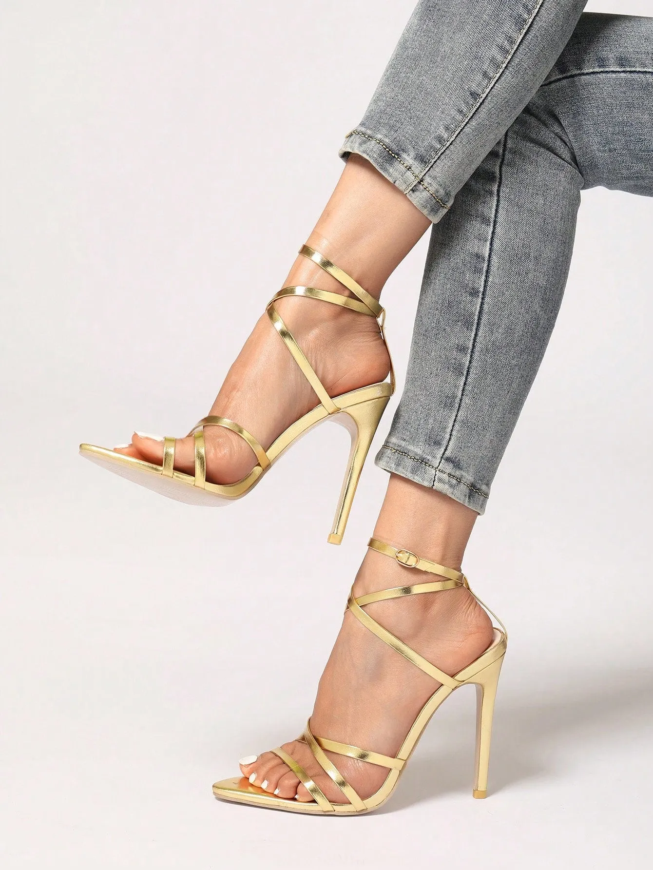 Women Metallic Stiletto Heeled Ankle Strap Sandals