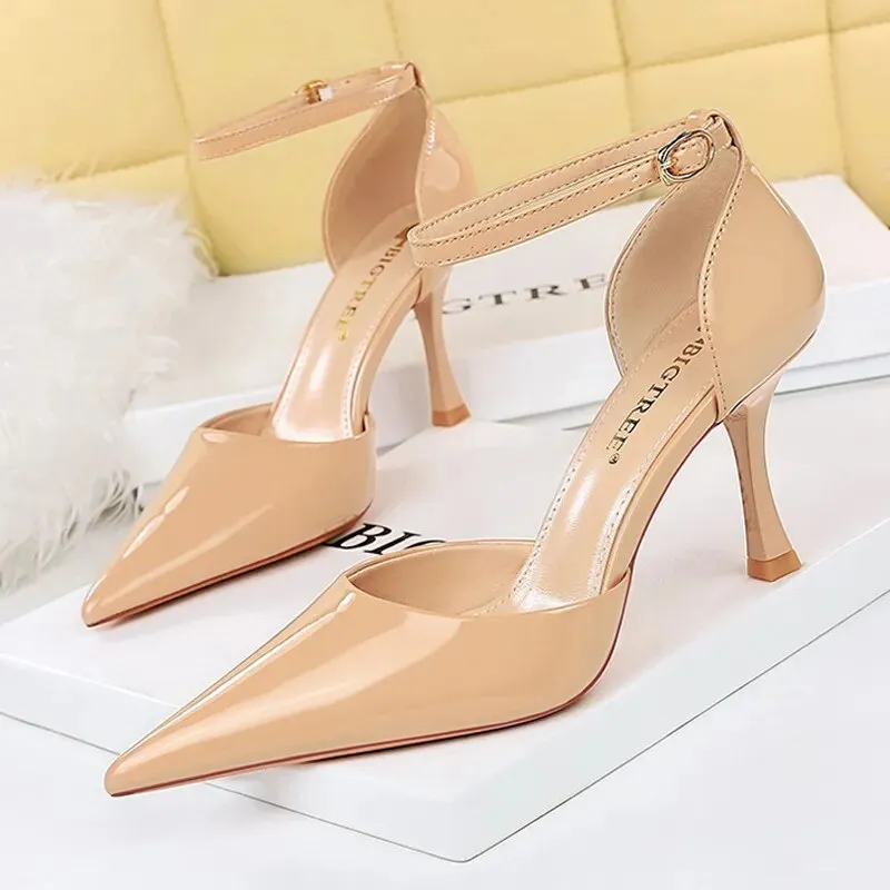 Women Pumps Metal Button Kitten Heels Shoes Pointed High Heels - WSHP50100