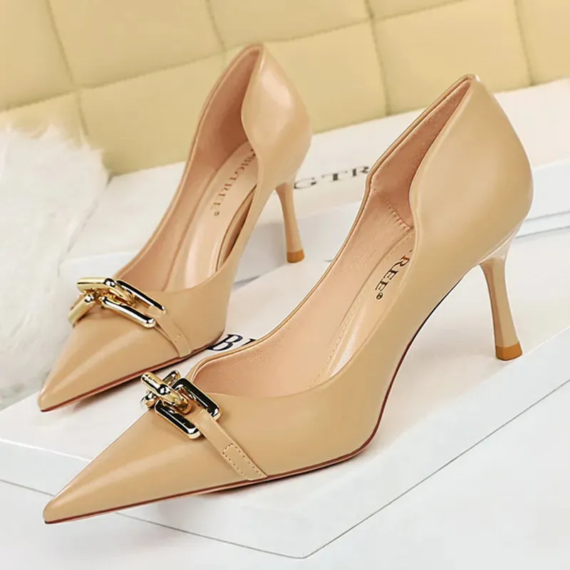 Women Pumps Metal Button Kitten Heels Shoes Pointed High Heels - WSHP50100