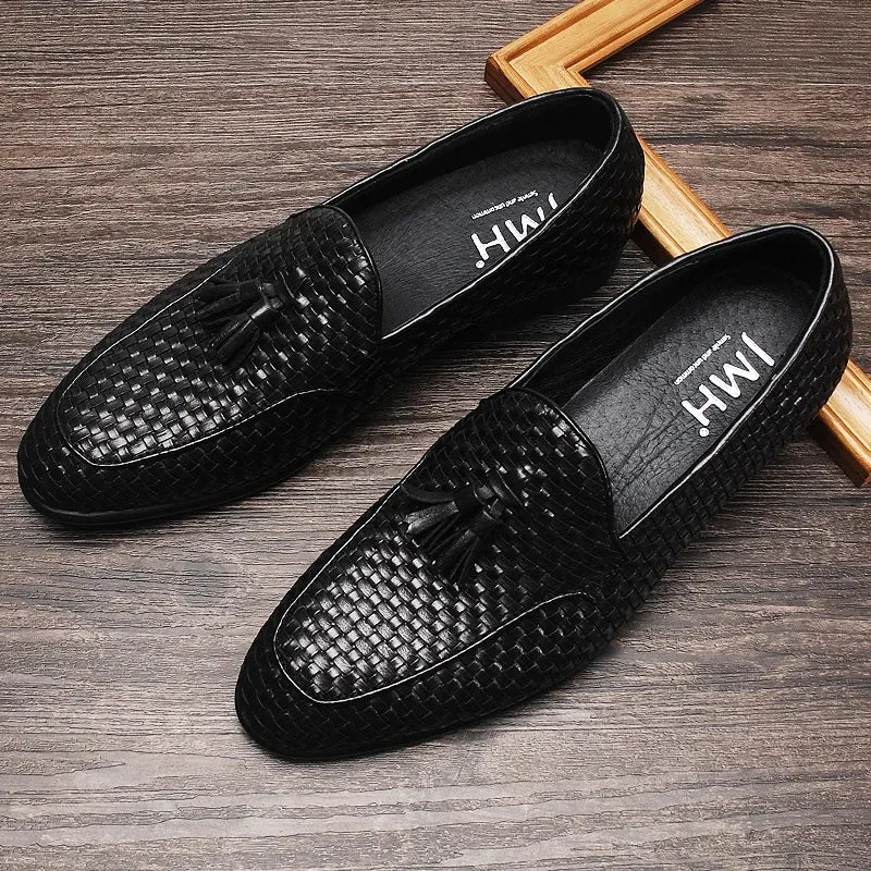 Woven Pattern Tassels Genuine Leather Loafers