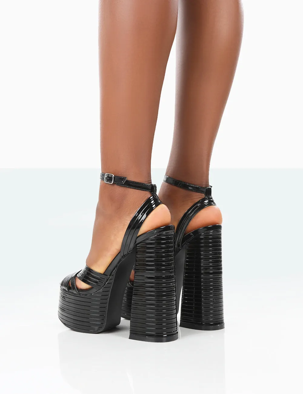 Zurra Black Metallic Pu Open Toe Platform Block Heels